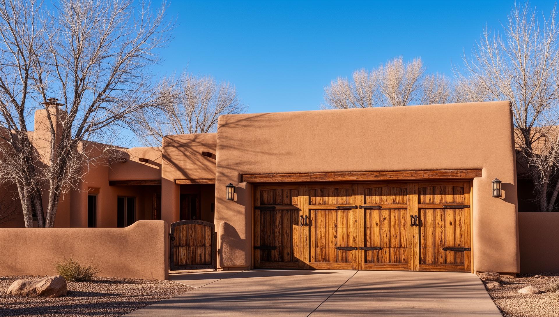 Beautiful rustic wood grain garage door with iron strap hinges on Southwest adobe home
